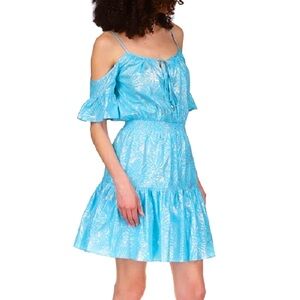 Blue Silver Metallic Cut Out Peep Hole Ruffle Sleeve Summer Dress
